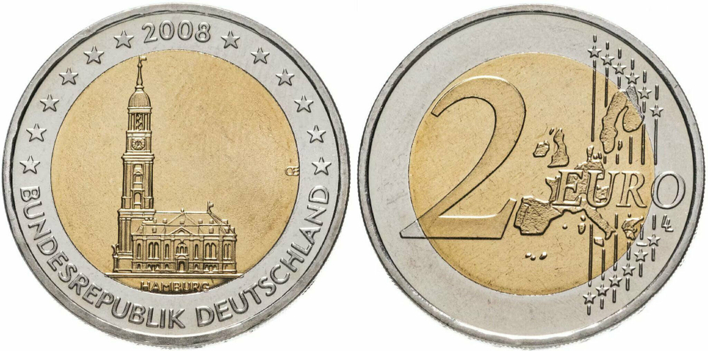 Германия 2 евро, 2008 Церковь св. Михаила, Гамбург XF