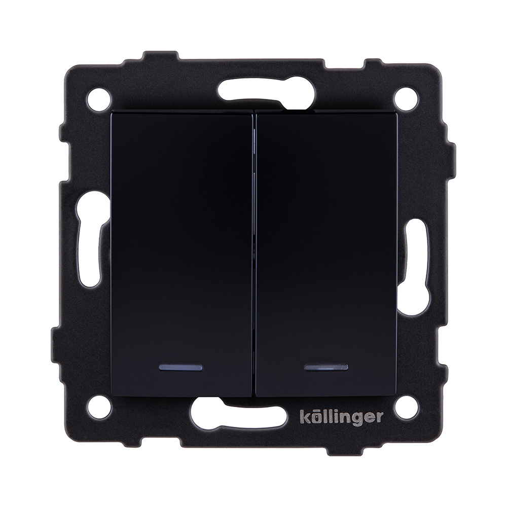 Выключатель 2-клавишный проходной 10А/250В с LED подсветкой, изогнутый, черный Kollinger REA-R-010BK для Aspekt, Eleganz, Reflex