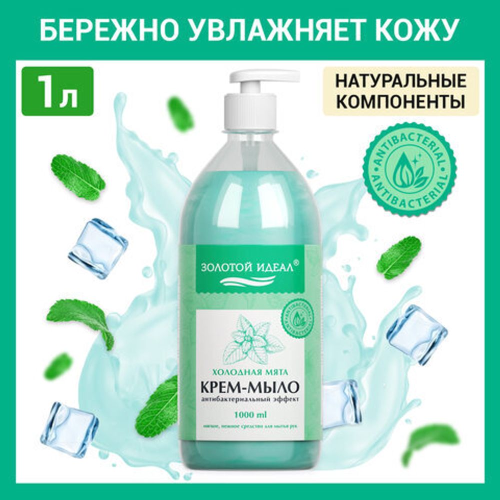 Мыло-крем жидкое с антибактериальным эффектом 1 л ЗОЛОТОЙ ИДЕАЛ "Холодная мята", дозатор, 608285