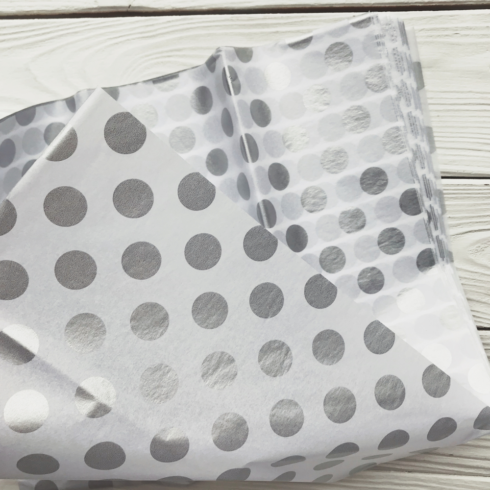 Бумага тишью 50 х 66 см (10 листов), серебристый горошек