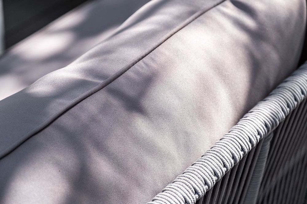 "Канны" диван модульный плетеный из роупа, каркас алюминий белый, роуп светло-серый круглый, ткань светло-серая