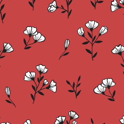 Ботанический узор растительных элементов на красном фоне. Flowers in ink.