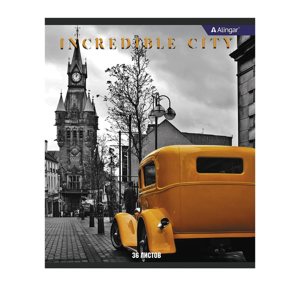 Тетрадь 36 л., А5, клетка, Alingar "Городские виды ", скрепка, офсет, мелованный картон (стандарт), 4 дизайна в пленке т/у