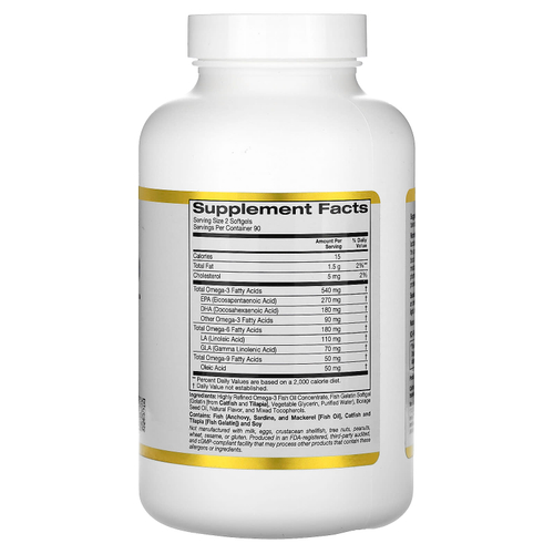 California Gold Nutrition, омега 3–6–9, с рыбьим жиром с омега-3 и маслом из семян бурачника, ЭПК, ДГК, ГЛК и линолевой кислотой, натуральный лимонный вкус, 180 капсул