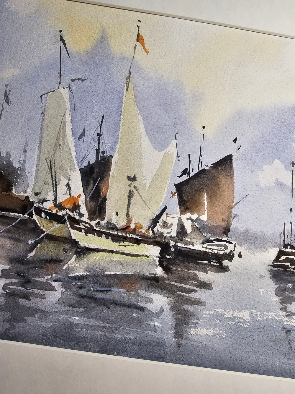Картина авторская акварельная в паспарту 30х40 см на стену для интерьера "Парусники в гавани"