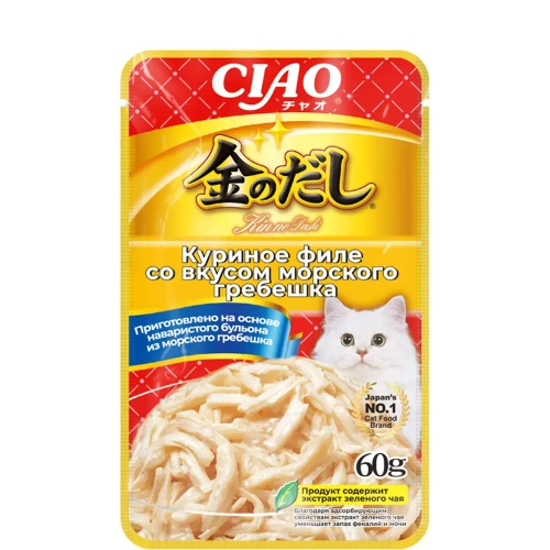 INABA влажный корм для кошек Kinnodashi Куриное филе с морским гребешком в желе, 60г