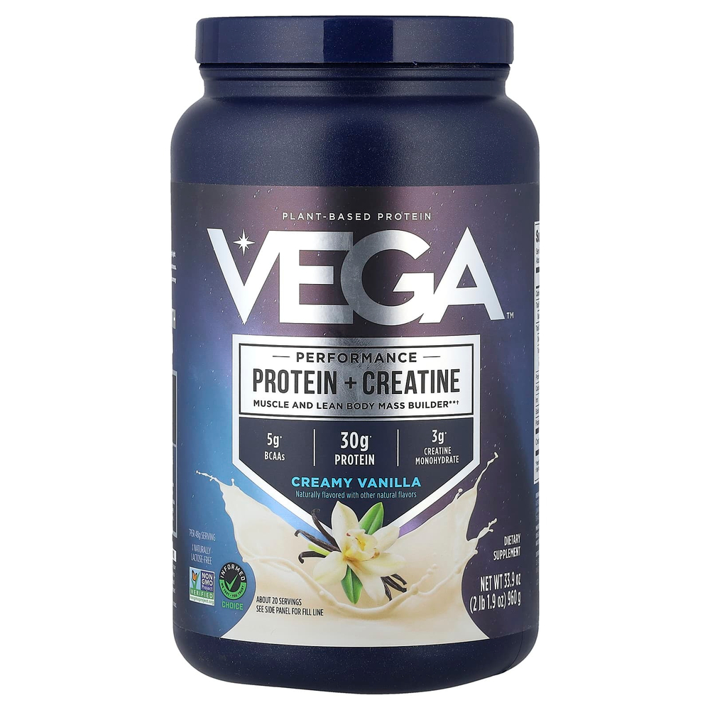 Vega, растительный протеин с креатином для повышения результативности, со вкусом ванили, 960 г (2 фунта, 1,9 унции)