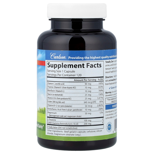 Carlson, Totally Zen с ГАМК, L-теанином и витаминами группы B, 120 капсул