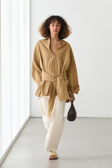 Massimo Dutti Рубашка свободного кроя в полоску с поясом, горчично-желтый