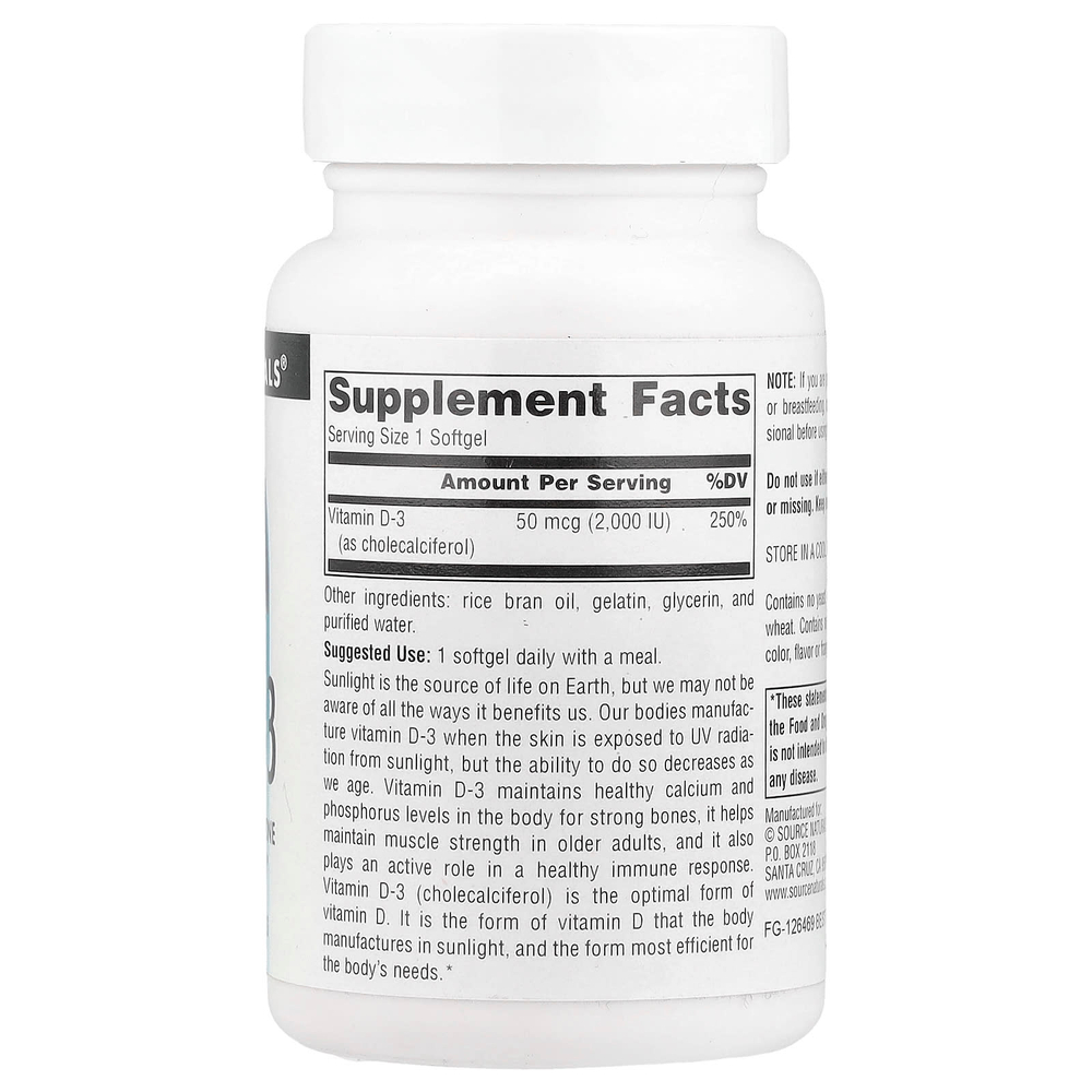 Source Naturals, витамин D3, 50 мкг (2000 МЕ), 200 мягких таблеток