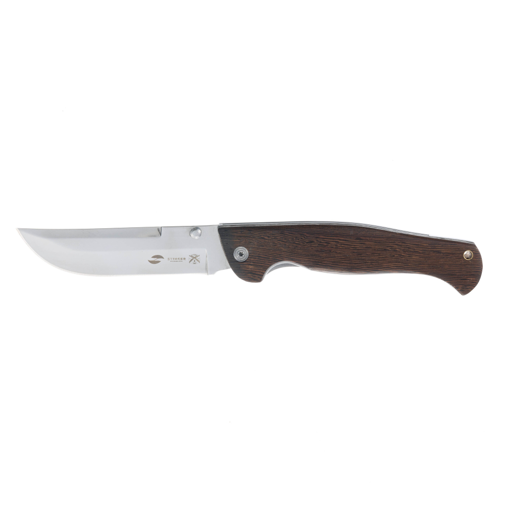 Фото недорогой стальной складной нож с серебристым клинком 112 мм и коричневой деревянной рукояткой Stinger FB628 в чехле и коробке