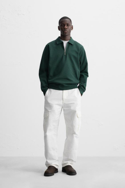 ZARA ПОЛО С ВОРОТНИКОМ НА МОЛНИИ, ЗЕЛЕНЫЙ