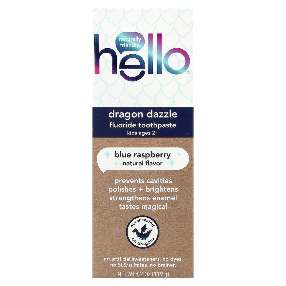 Hello, Dragon Dazzle, для детей, зубная паста с фтором, голубая малина, 119 г (4,2 унции)