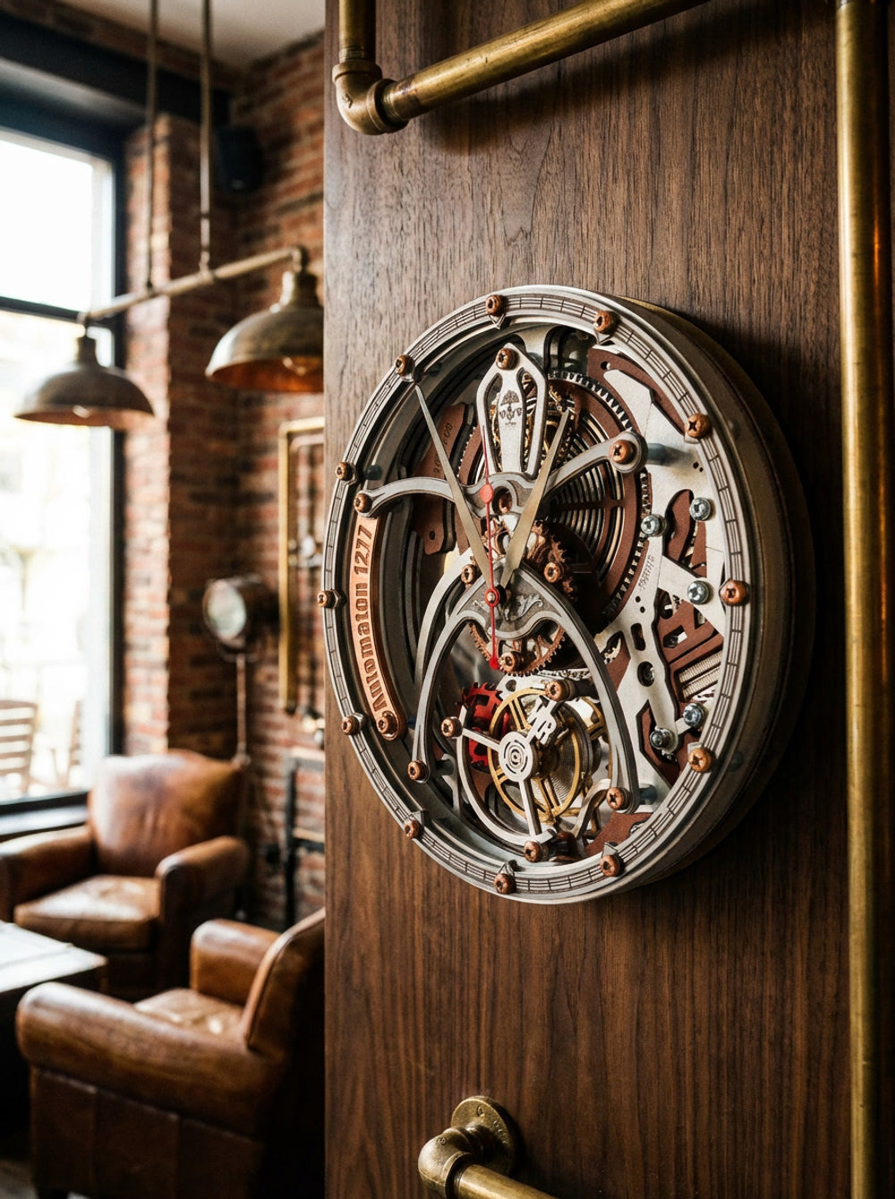Настенные часы WOODandROOT Automaton 1277 Tourbillon с открытым механизмом в индустриальном интерьере с кирпичом и кожаной мебелью.