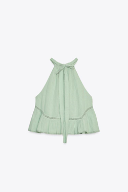 ZARA ТОП ИЗ ШИФОНА С ВЫШИВКОЙ, ВОДЯНИСТЫЙ ЗЕЛЕНЫЙ