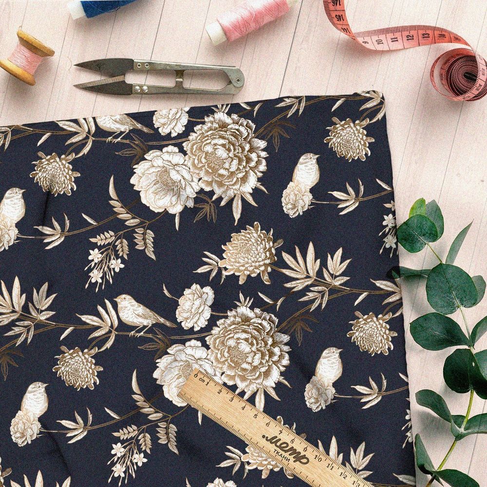 Ткань барби белые пионы на чёрном