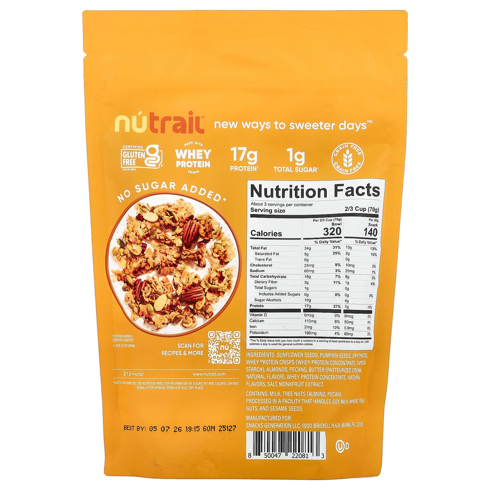 NuTrail, протеиновая и ореховая гранола, мед и орехи, 227 г (8 унций)