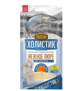 Деревенские лакомства Для кошек Нежное пюре лосось с икрой летучей рыбы (4х10гр.)
