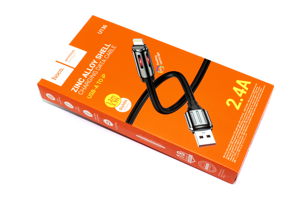 Кабель USB HOCO U136 Prize, USB - Lightning, 2.4А, 1.2м, черный