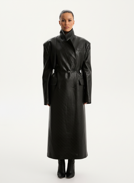 Тренч с карабином кожаный, цвет черный