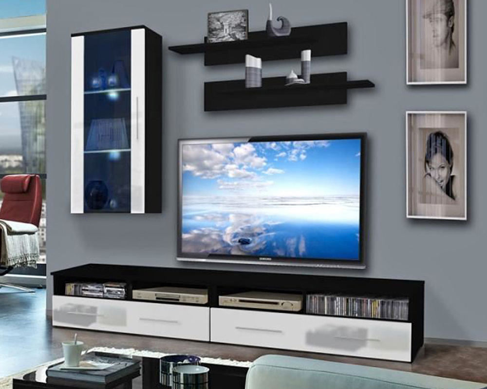 Гостиная 27 МДФ Белый DM635-6 (глянец) / Черный 0190 PE 240*45*170 см,    Фиеста