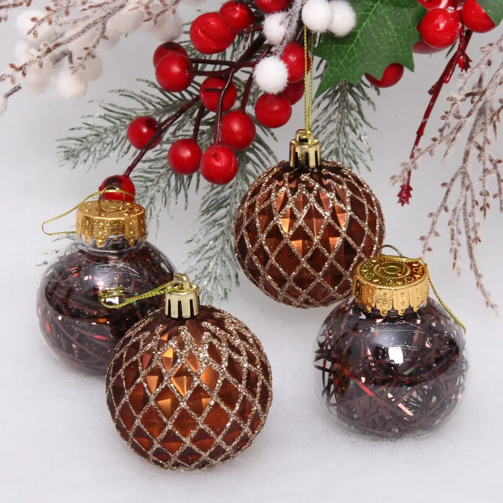 Новогодние шары 6 см (набор 4 шт) «Яркая метель», шоколад/шампань