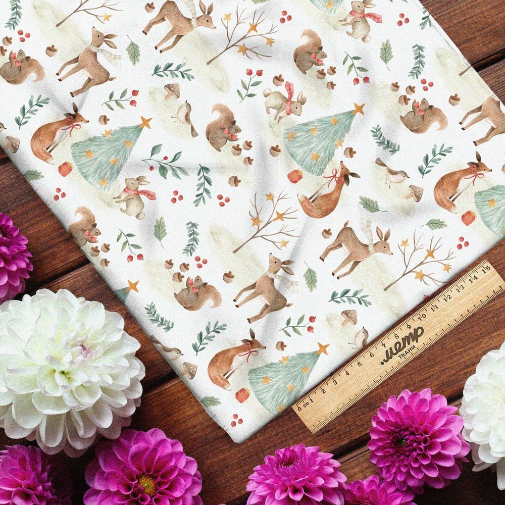 Ткань поплин зверьки возле ёлки