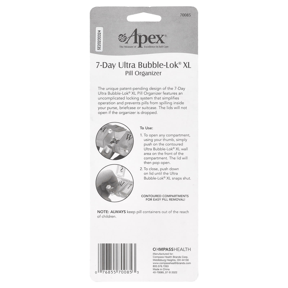 Apex, 7-дневный органайзер для таблеток Ultra Bubble-Lok, XL, 1 таблетница
