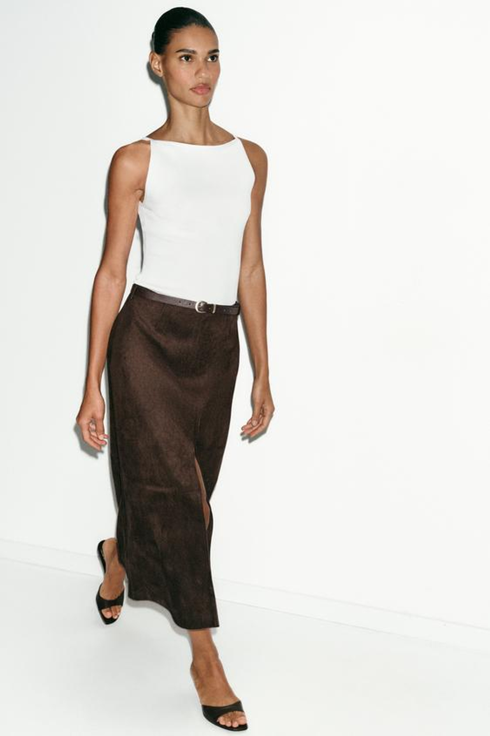 ZARA ЮБКА ИЗ ИСКУССТВЕННОЙ ЗАМШИ С РЕМНЕМ, ШОКОЛАДНО-КОРИЧНЕВЫЙ