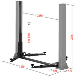 Подъемник электрогидравлический 4т 110-1900мм 2-х стоечный 220В ниж.синхрон. (руч. спуск) GTE