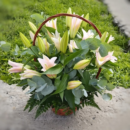 Корзина с 7 розовыми лилиями