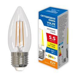 LED-C35-5.5W-3000K-E27-CL-SLF Лампа светодиодная. Форма свеча. прозрачная. Теплый белый свет 3000K. ТМ Volpe