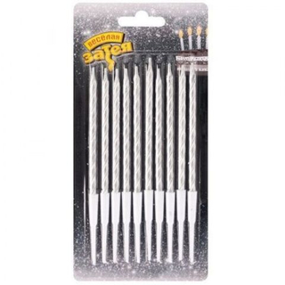 Веселая затея Свеча для торта серебро сподставкой 10см 10шт