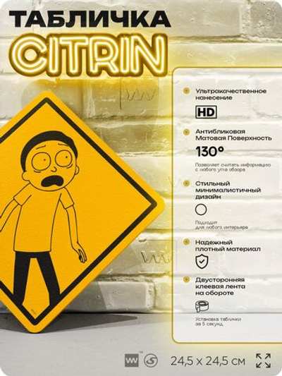 Табличка декоративная "Испуганный Морти" из сериала Рик и Морти, на дверь и стену, прикольная штука в подарок фанату, декоративный знак ЦИТРИН, 24,5х24,5 см, пластиковая, Айдентика Технолоджи
