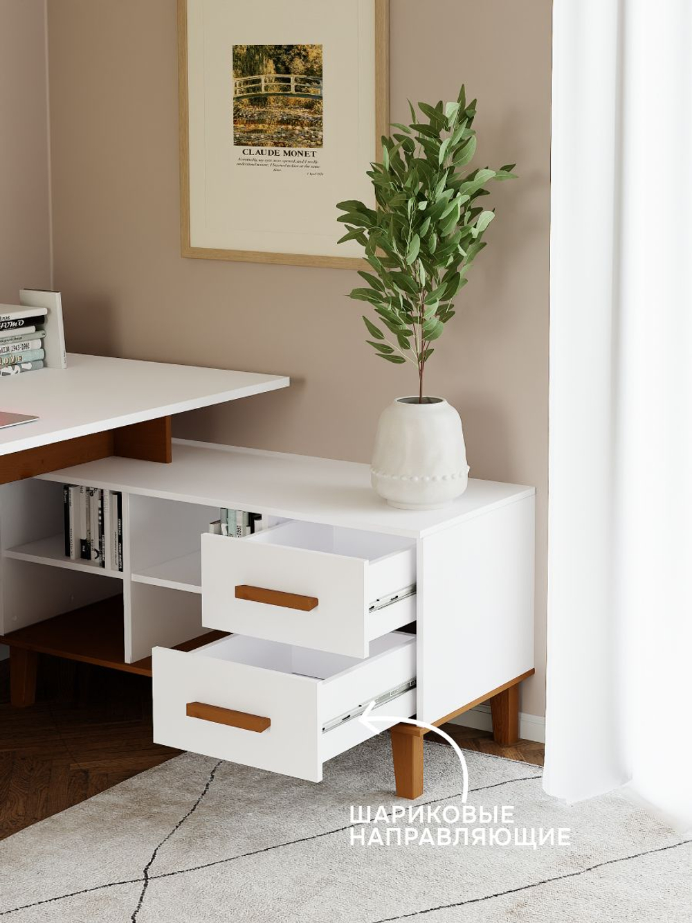 Стол письменный 158х130х77, Вест, компьютерный, угловой, для школьника с 2 ящиками и полками, на ножках, массив сосны, белый, Dipriz