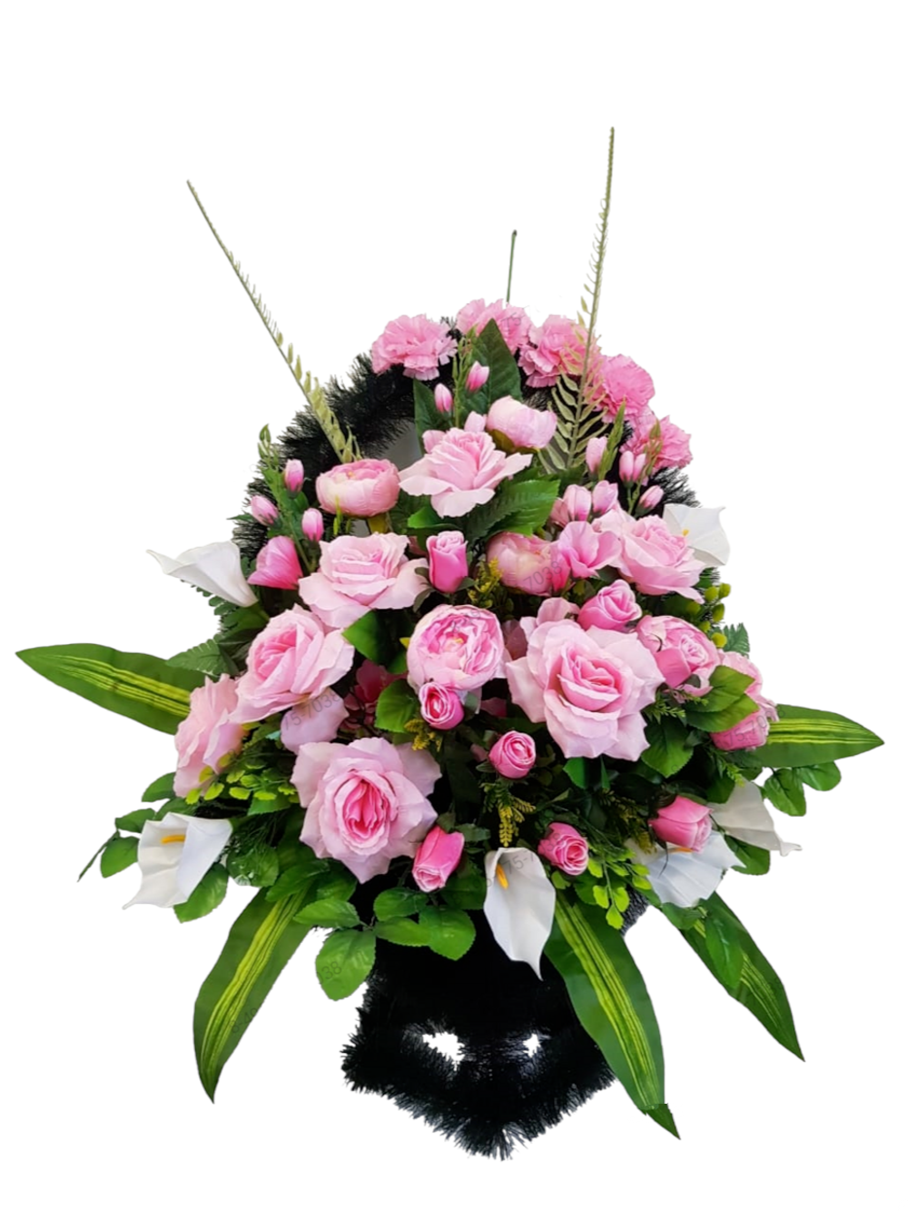 Ритуальная корзина из искусственных цветов розового цвета из роз и пионов