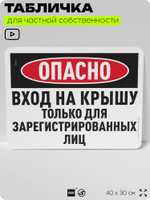 Табличка для частной территории "Опасно, вход на крышу только для зарегистрированных лиц", на дом, для участка, организаций и частных территорий, 40х30 см, Silver Plane x Айдентика Технолоджи