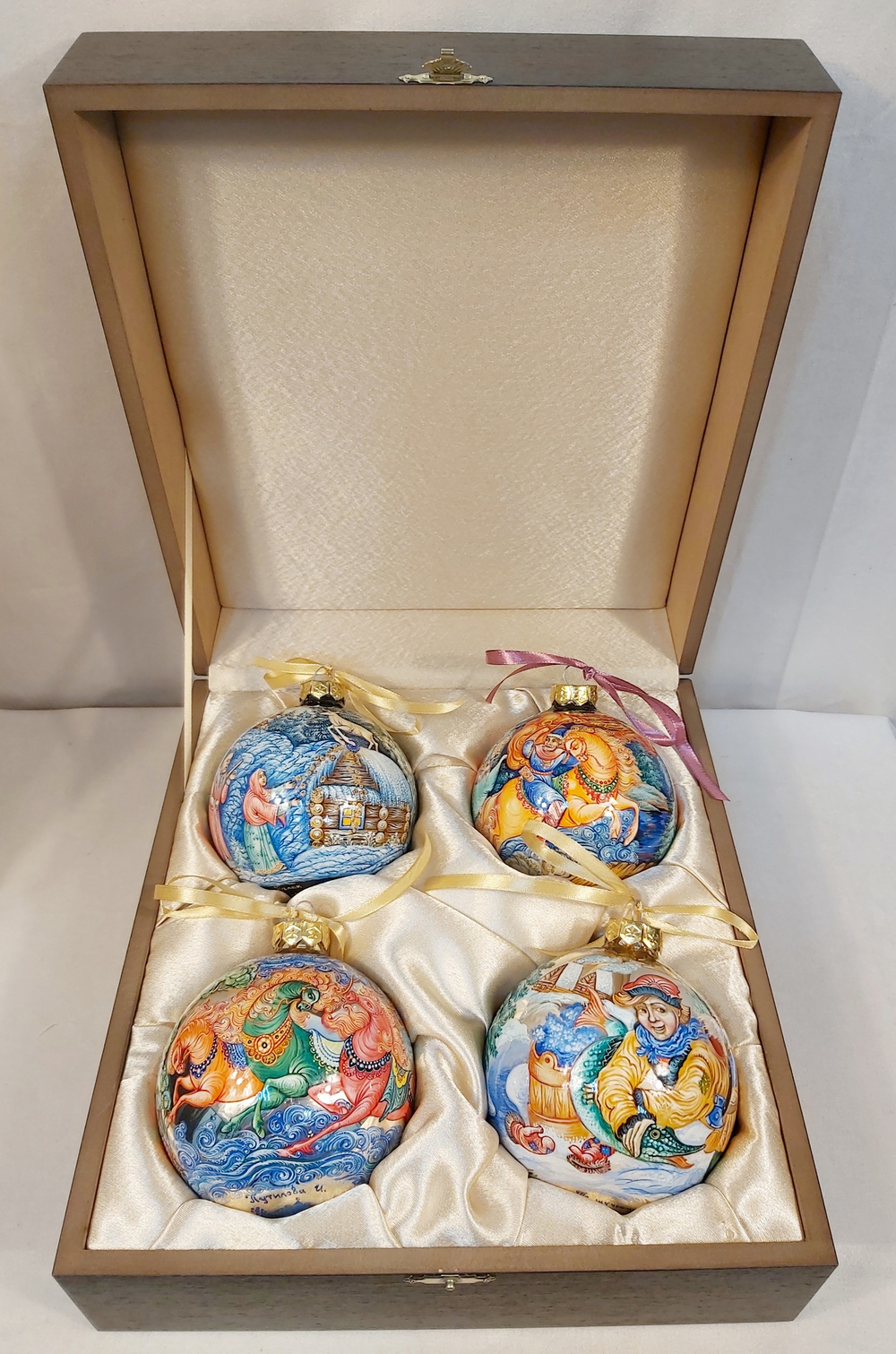 Сувенирный набор из 4-х новогодних шаров с ручной росписью Палех