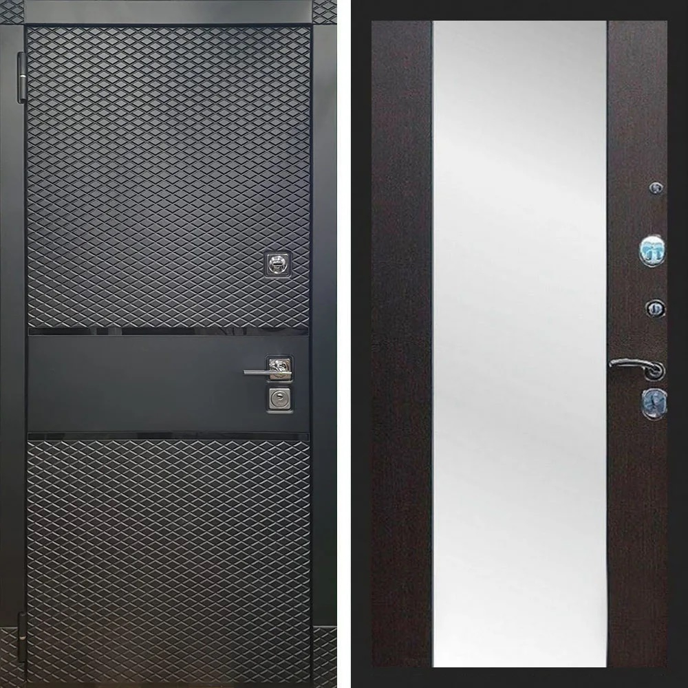 Входная металлическая дверь с зеркалом RеX (РЕКС) 15 Чешуя кварц черный, фурнитура хром/ СБ-16 Венге