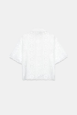 ZARA РУБАШКА С ВЫШИВКОЙ И КОРОТКИМ РУКАВОМ, БЕЛЫЙ