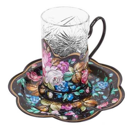 Set of 1 tea glass holder with zhostovo metal tray 18 cm SET18122022012