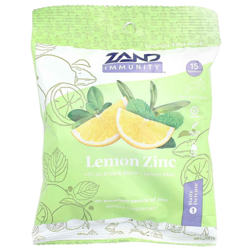 Zand, Immunity ™, смесь из 8 трав и лимона и цинка, лимонная мята, 15 пастилок