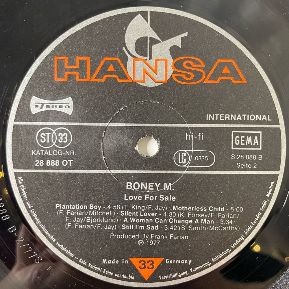 Винтажная виниловая пластинка LP Boney M Love For Sa le (Germany 1977)