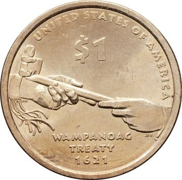 1 доллар (dollar) 2011 D США «Коренные Американцы - договор с Вампаноагами(трубка мира)»