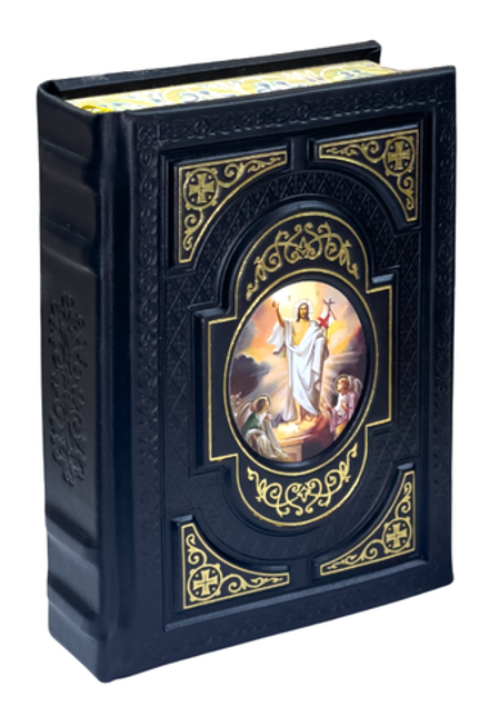 Святое Евангелие на ц/сл: чёрное, требное, в кожаном переплёте, тиснение (Москва)