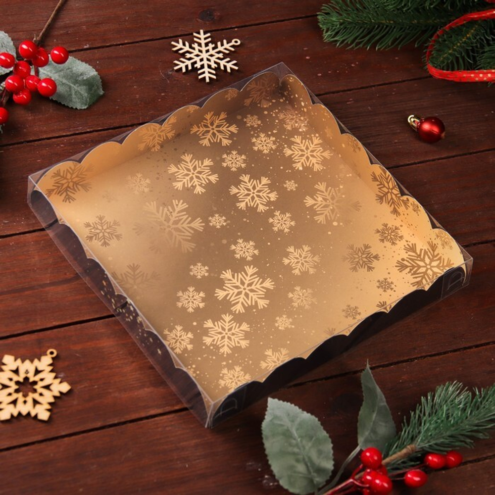 Коробочка для печенья «С Новым годом! Золотые снежинки»,  21 х 21 х 3