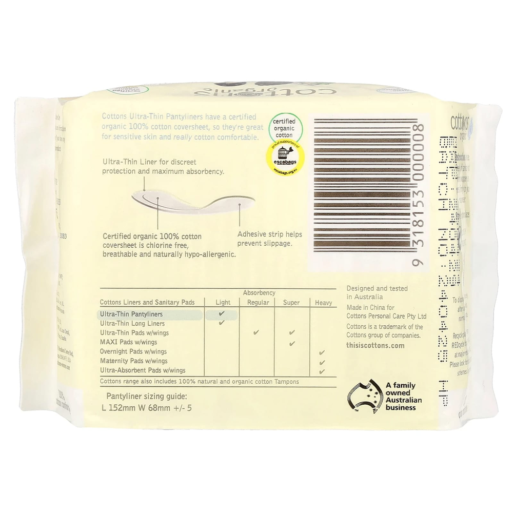 Cottons, 100% хлопок, удобные ежедневные прокладки, ультратонкие, 24 прокладки
