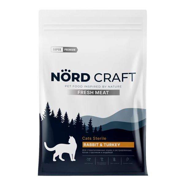 Сухой корм Nord Craft Sterilised cats Rabbit & Turkey для стерилизованных кошек с кроликом и индейкой