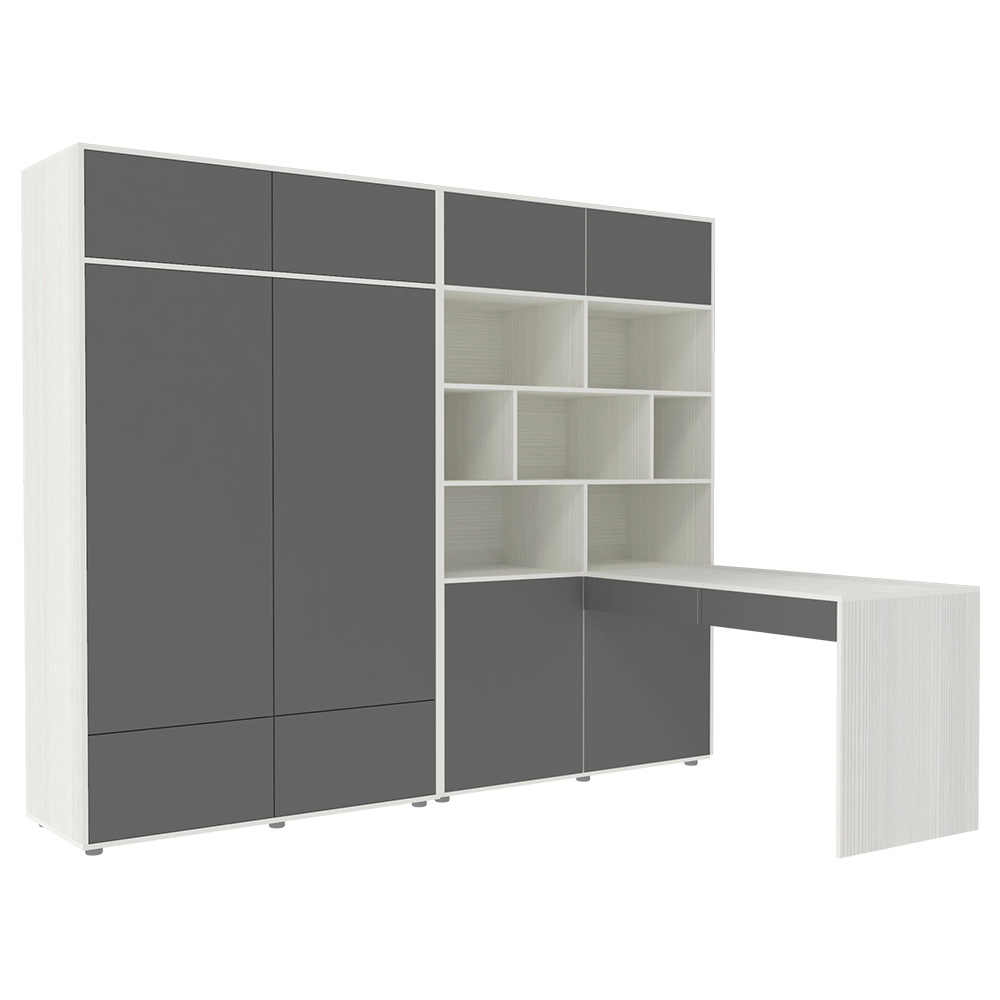 Стол письменный со стеллажом и шкафом КарИВи 2400 Белое Дерево Темно-серый