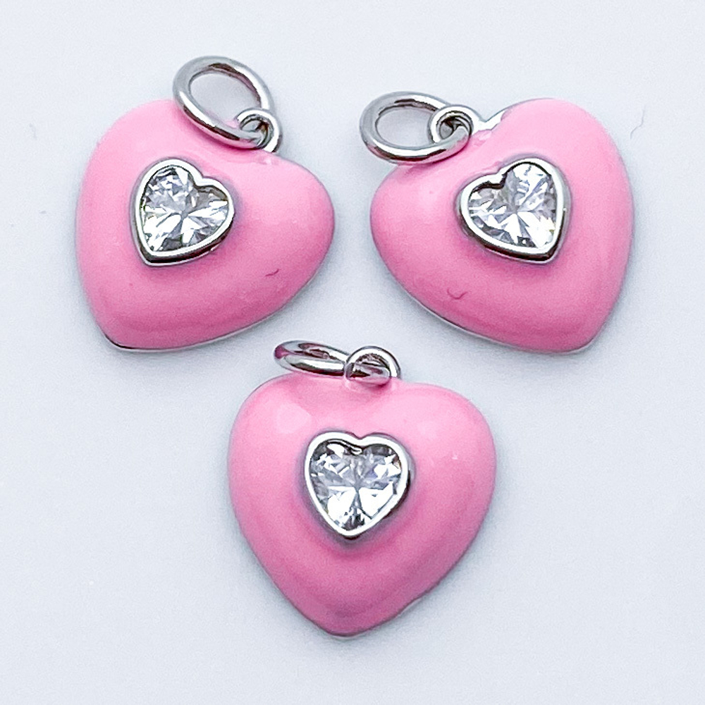 Подвеска Сердце, цвет серебро (родий)+розовый, размер 13*12 мм, цена за 1 шт